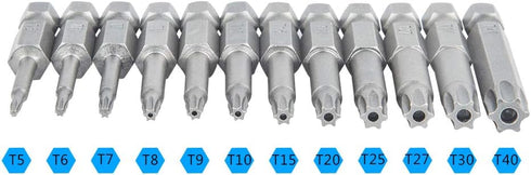 12 Pack Torx Head Screwdriver Bit Set,DanziX 1/4 inch Hex Shank T5-T40 S2 Steel Security Tamper Proof Star 6 Point Screwdriver Tool Kit with 1 Pac...