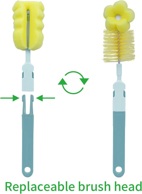 Baby Bottle Brush - 4 in 1 Bottle Scrubber Cleaner Brushes Set, Sponge Milk Water Brush Kit, includes Baby Bottle Cleaner Brush, Nipple Brush & St...