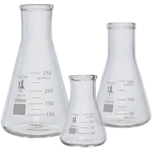 Glass Erlenmeyer Flask Set - 3 Sizes - 50, 150 and 250ml, Karter Scientific...