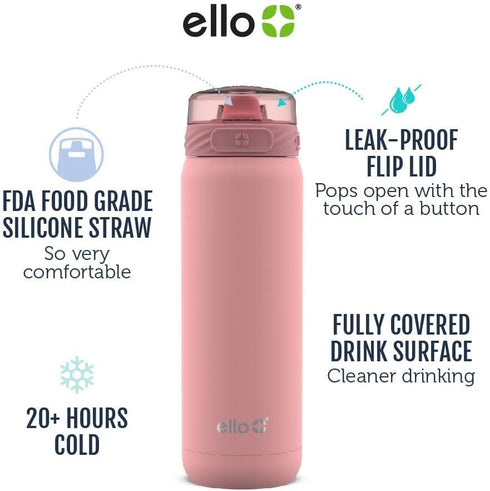 Ello Cooper 22oz Stainless Steel Water Bottle with Straw and Carry Handle, Double Walled and Vacuum Insulated Metal, Leak Proof Locking Lid with S...