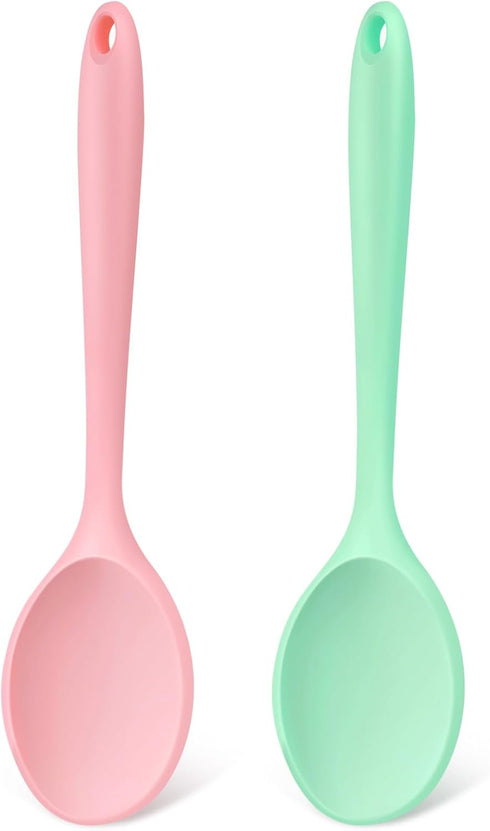 Silicone Mixing Spoons 2-Pack, 10.8" Large High Heat Resistant Nonstick Cooking spoon for Stirring, Mixing and Serving, Green & Pink Rubber Spoon....