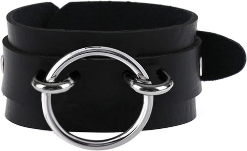 Men's Black Wide Faux Leather Collar Choker Adjustable Thick PU Necklace for Women,Alloy Metal Big Round Ring Charm...
