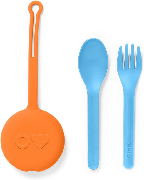 OmieBox Kids Utensils Set with Case - 2 Piece Plastic, Reusable Fork and Spoon Silverware with Pod for Kids (Sunrise)...