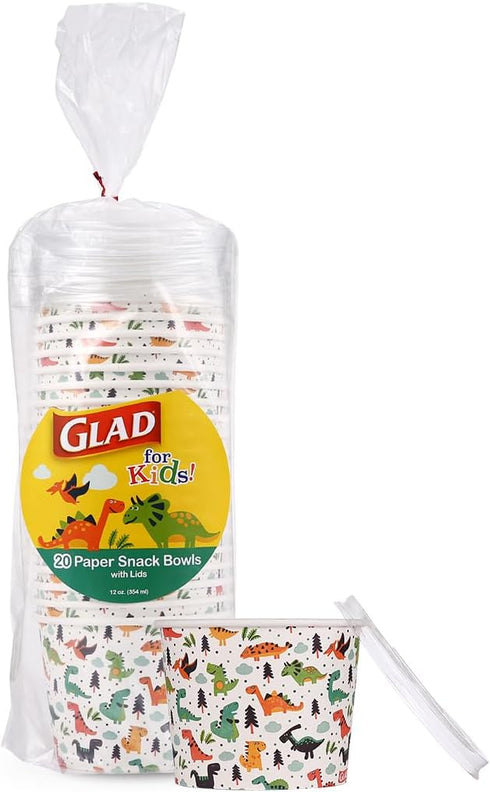 Glad for Kids Dinosaur Party Supplies - Heavy Duty Disposable Paper Snack Bowls with Lids, Perfect for Birthday Parties, Colorful Party Plates. Gr...