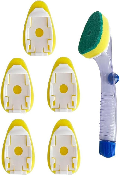 Dish Wand Soap Dispenser with 6 Refill Sponge Replacement Heads, Dish Brush Handle for Cleaning Dishes, Kitchen Dishwashing Sponge Brush, Bottle B...