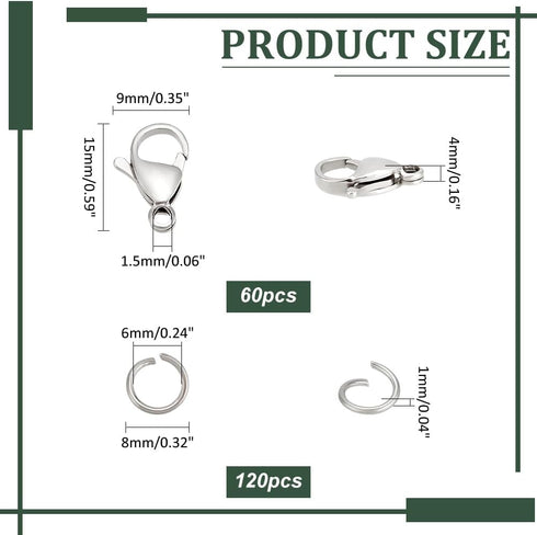 PH PandaHall 60pcs 15mm 304 Stainless Steel Lobster Claw Clasps with 120 pcs 6mm Jump Rings Jewelry Closure Fastener Hook for Earring Bracelet Nec...