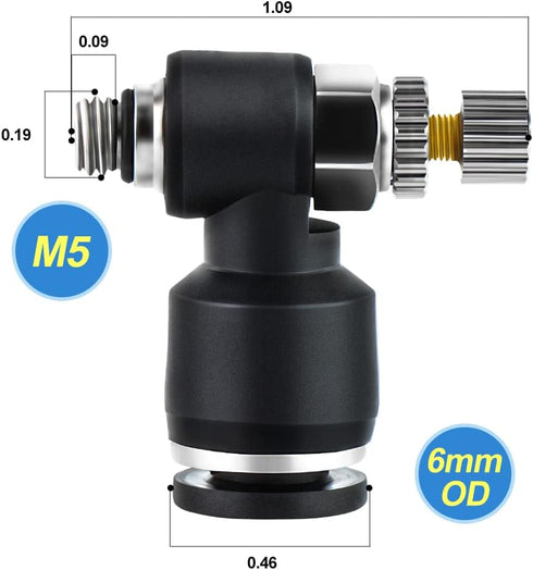 TAILONZ PNEUMATIC 3 Pack SL6-M5 Push to Connect Air Line Fitting Air Flow Control Valve 6MM od M5 Npt Elbow 90 Degree Air Speed Control Valve Fitt...
