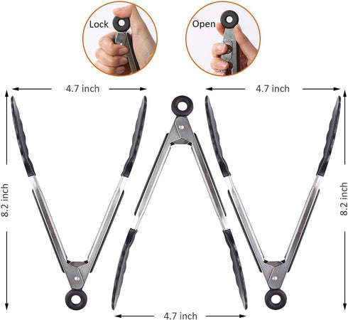 Mini Silicone Serving Tongs Set of 3, Small Kitchen Tongs (7 inch) with Silicone Tips and Stainless Steel Handle, Silicone Cooking Tongs for Salad...