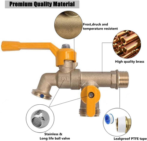 Outdoor Water Faucet, Wall Mounted Garden Water Faucet with Two 3/4 inch Brass Ball Valves Water Tap Splitter for Outdoor,Garden,Home, Balcony, Ho...