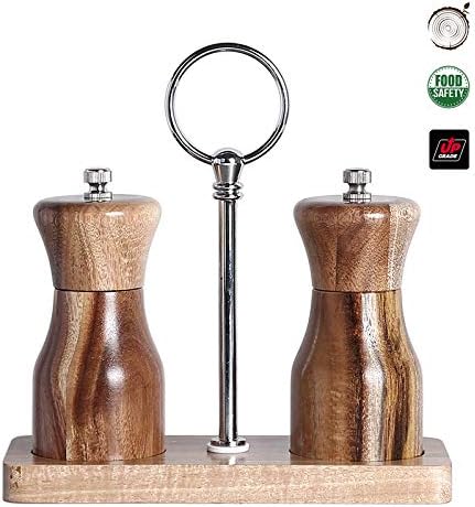 Acacia Wood Salt and Pepper Grinder Set, Manual Pepper mill, Refillable, Adjustable Coarseness Ceramic Rotor, with Wooden Stand Holder Tray...