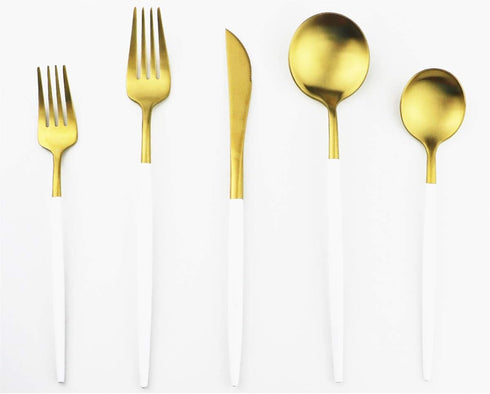 White Gold Flatware, Royal 5 Piece Matte White Handle 18/10 Stainless Steel Tableware Sets for 1 Including Forks Spoons Knives, Camping Silverware...
