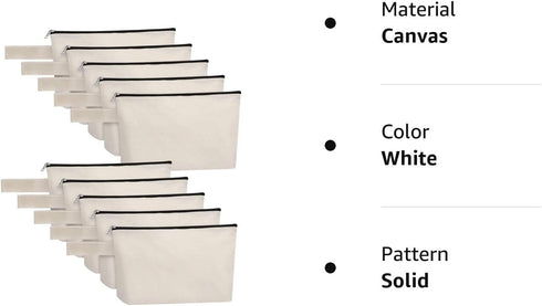10 Pieces Cotton Canvas Makeup Bag with Bottom and Strap, Multi-Purpose Cosmetic Bag with Zipper Travel Toiletry Pouch, Blank DIY Craft Bag Pencil...