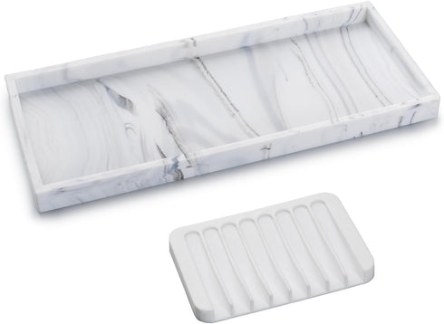 Bloss Silicone Bathroom Tray with Soap Holder - 7.9" Marble Vanity Trays for Bathroom Counter, Soap Dispenser Tray with Sponge Holder, Toilet Tank...