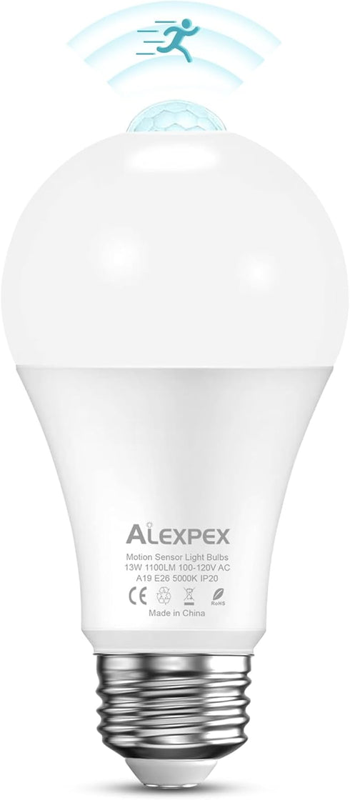 Motion Sensor Light Bulbs, 13W(100W Equivalent) 1100lm Motion Activated Auto Dusk to Dawn LED Bulb, A19 E26 5000K Daylight White Outdoor/Indoor Li...