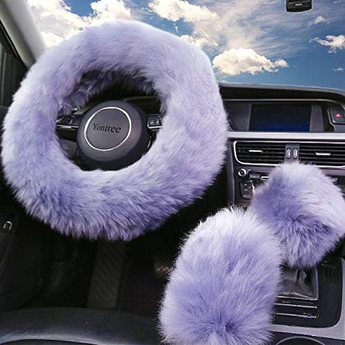 Fashion Fluffy Steering Wheel Covers for Women/Girls/Ladies Australia Pure Wool 15 Inch 1 Set 3 Pcs (Gray)...