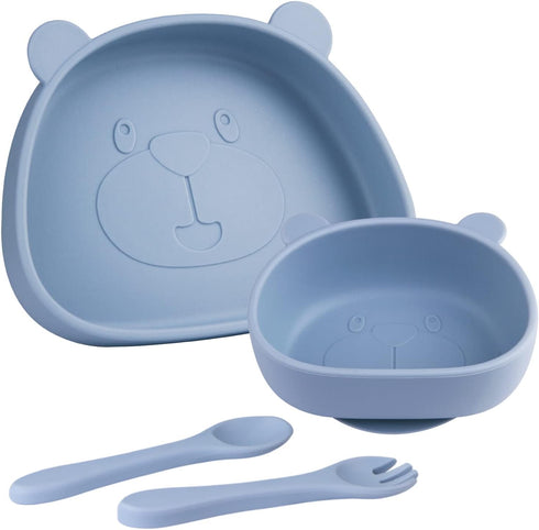 Suction Plates for Baby,4 pcs Divided Placemat Dish for Toddlers and Kids,Baby Spoon Fork Set for Toddlers,Silicone Plates for Kids (Blue)...