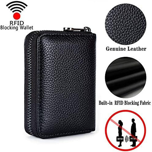Genuine Leather Credit Card Holder Wallet RFID Blocking Secure Card Case ID Case Organizer Zipper Wallet (A-Classic Black)...