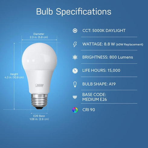 Feit Electric A19 LED Light Bulb, 60W Equivalent, Non Dimmable, 800 Lumens, E26 Medium Base, 5000k Daylight, CRI 90, 10 Year Lifetime, UL Listed, ...