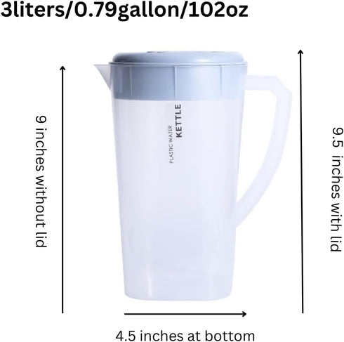 3 Litre/0.79 Gallon Plastic Pitcher with LidBPA-FREE Eco-Friendly juice containers with lids Water Jug for Hot/Cold Juice Beverage Ice Tea Kettle ...