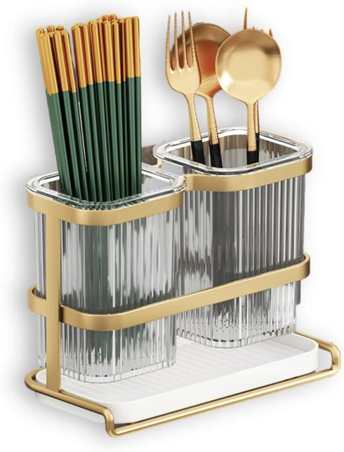 Kitchen Utensil Holder Gold Utensil Holder with 2 Compartments for Utensil Organizer and Cooking Tools Storage Utensil Caddy has Tray at Bottom fo...