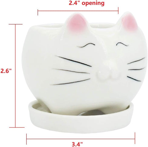 GeLive Cute Cat Succulent Planter Pot with Drainage Tray, White Ceramic Plant Container, Window Box, Unique Animal for Indoor Home Decor (White)...
