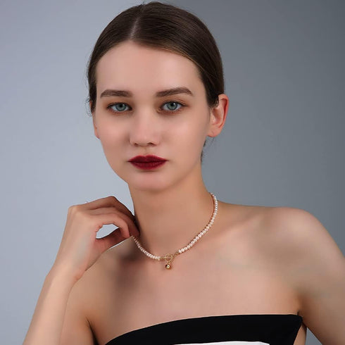 Pearls Choker Necklaces for Women 3.5mm Handpicked Tiny Pearls Strands Chain for 18k gold plated OT Clasp Pendant...