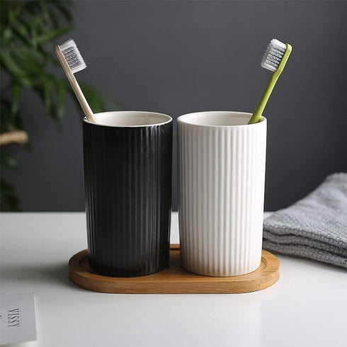 Striped Ceramic Toothbrush Cup, Couple Toothbrush Cup, 10.5 oz Simple Toothbrush Cup, Drinking Cup, Tea Cup (White)...