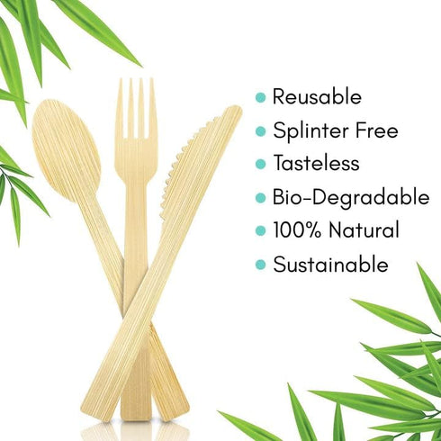 Bamboo Utensils - Natural Disposable Wooden Cutlery for Party, Eating, Camping, Picnic, Wedding, Birthday - Compostable Silverware - 8 Spoons, 8 F...