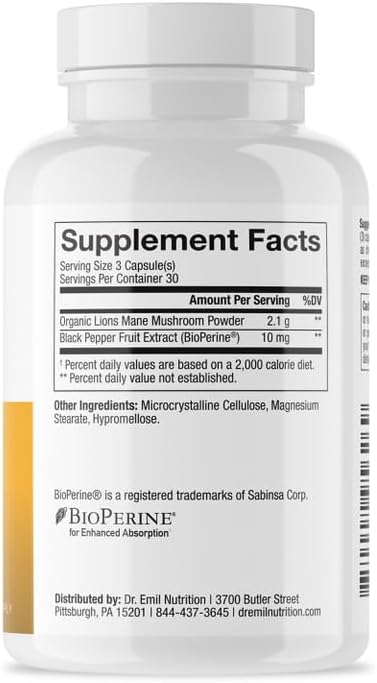 DR. EMIL NUTRITION 2100mg Organic Lions Mane Supplement Capsules - Focus, Mental Clarity & Cognition - Nootropic Lion's Mane Mushroom Supplement w...