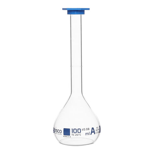 EISCO Volumetric Flask, 100ml - Class A, ASTM - Snap Cap - Blue Graduation Mark, Tolerance ±0.080ml - Borosilicate Glass...