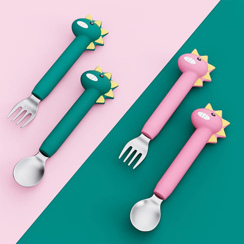 Baby Forks and Spoons Set Baby Training Utensils Self Feeding Toddler Silverware Silicone and Stainless Steel Kids and Toddler Utensil (Green Dino...