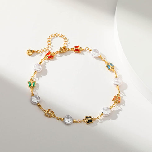 Butterfly Anklet for Women 14K Gold Plated Summer Colorful Crystal Butterfly Pearl Ankle Bracelet (Pearl,Gold)...