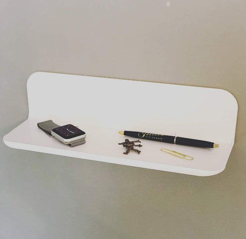 Made in USA White Stick-On Removable Adhesive Floating Wall Shelf Durable Textured ABS Injection Molded Plastic with Lipped Edges | Designed for S...