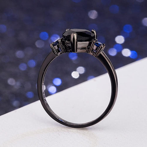 Hsitgexf Black Gold Plated Heart & Blue Round CZ Cubic Zirconia Promise Statement Ring,Women's Fashion 3-Stone Wedding Engagement Ring (US size 9)...
