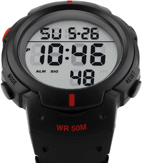Mens Women Digital Watch Big Dial Light LED Swim Waterproof Rubber Band Alarm Black LED Watches 50MM...