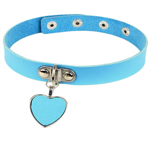 AKOAK Fashion Cool Rock Style Steampunk Punk Goth Heart-Shape Pendant Link PU Leather Collar Choker Necklace(Light Blue)...