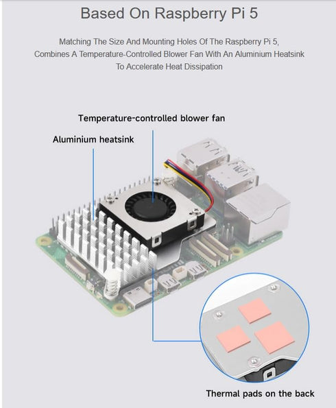 Active Cooler for Raspberry Pi 5, Combines a Temperature-Controlled Blower Cooling Fan and an Alumium Heatsink and Thermal Pad to Accelerate Heat ...