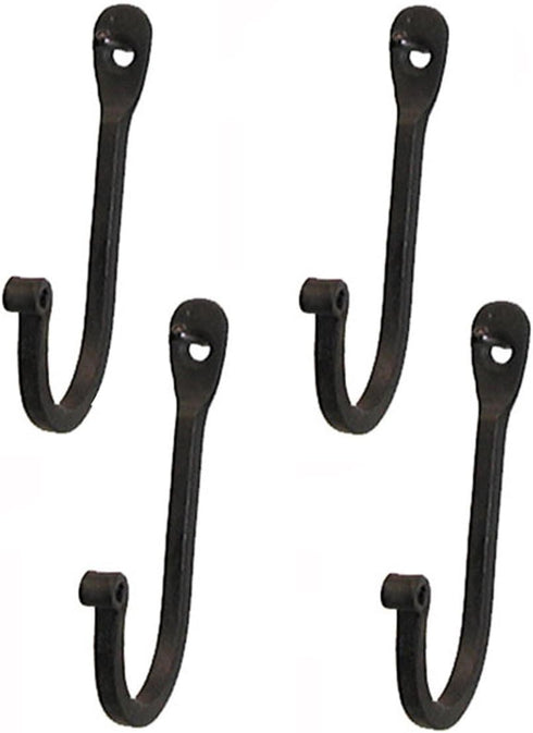 Early American Single Prong Wrought Iron Hooks, Set of 4 - Rustic Curved Metal Fasteners - Decorative Colonial Wall Décor...