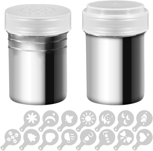 2 Pcs Stainless Steel Dredges and Powdered Shaker with 16 pcs Printing Molds Stencils, SENHAI Salt Pepper Coffee Cocoa Cinnamon Power Can with Hol...
