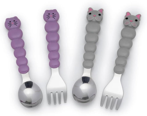 melii Toddler and Kid Feeding Spoon & Fork Set, Stainless Steel, BPA Free, Dishwasher safe (Cat & Bulldog 4pc)...