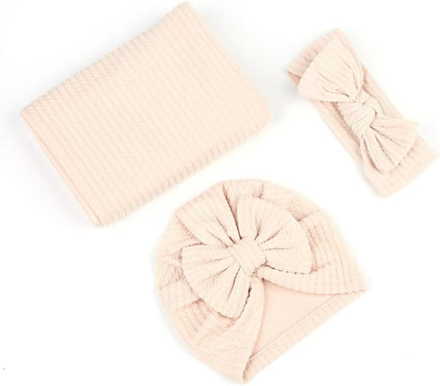Newborn Swaddle Blanket Headband Hat Set Baby Girl Print Receiving Blanket New Born Hospital Outfit Infant Shower Gift 0-3 Months (Waffle -Beige)...