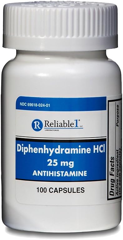 Diphenhydramine 25 mg Generic Allergy Medicine and Antihistamine 100 Capsules per Bottle Pack of 2...