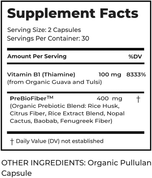 Vitamin B1 (Thiamine) Supplement 100mg - from Organic Guava and Tulsi - Plant-Based, Gluten-Free, Vegetarian, Non-GMO - 60 Capsules - Premium Diet...