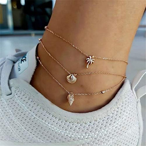 Boho Shell Anklet Bracelet Chain Gold Coconut Tree Ankle Conch Anklets Adjustable Handmade Beaded Chain Foot Jewelry Accessories for Women and Gir...