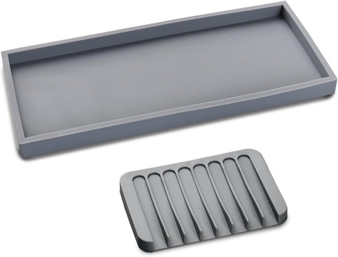Bloss Silicone Tray Set for Bathroom/Kitchen - 15.7" Bathroom Soap Dispenser Tray and Soap Holder, Silicone Vanity Trays Countertop Organizer for ...