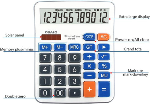Desktop Calculator Extra Large 5-Inch Clear LCD Display 12-Digit Big Number Button Office Calculator with Auto Sleep Function (OS-5M)...