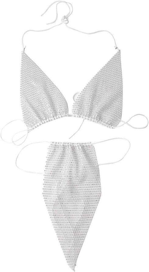Zoestar Mesh Rhinestone Bikini Set Sparkly Crystal Underwear with Top for Women...