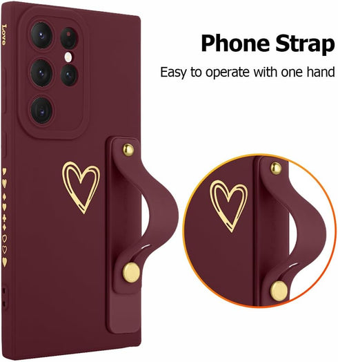 Fiyart Designed for Samsung Galaxy S24 Ultra Case with Phone Stand Holder Cute Love Hearts Protective Camera Protection Cover with Wrist Strap for...