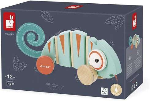 Janod - Tropik Pull-Along Chameleon - Wooden Early-Learning Toy - Silent Wheels - Educational Walking and Balancing Toy - Water-Based Paint - 1 Ye...
