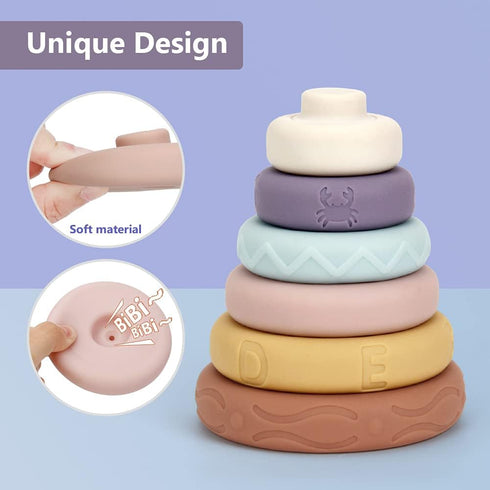 Mini Tudou Stacking & Nesting Circle Toy,6 Pcs Soft Building Rings Stacker & Teethers,Squeeze Play with Early Educational Learning Stacking Tower,...